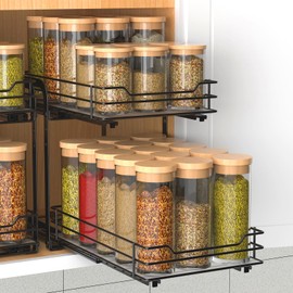 BOIVSHI 2-Tier Spice Rack, Pull Out Spice Racks Organizer for Cabinet, Height Adjustable Heavy Duty Metal Basket for Inside Cabinets & Pantry Closet (7.5''Wx10.5''Dx9.5''H)