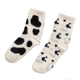 Gurajo Cute Cow Fuzzy Socks, Women Warm Winter Slipper Socks, Soft Casual Socks, Cozy Fluffy Socks, Sleeping Thickened Plush Crew Socks for Home, Outside, 2 Pairs, Size 5-9
