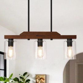 Dining Room Light Fixture,3-Light Rustic Wood Kitchen Island Chandelier Farmhouse Linear Pendant Light Ceiling Hanging for Bar Cafes Pool Table Foyer UL Listed