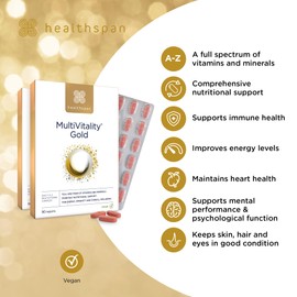 healthspan Healthspan Multivitamin Gold | A-Z Formulation | Wellbeing & Immune Support | Algal Source Vitamin D3 | Vitamins A, B, C, D, E & K | Calcium, Iron, Magnesium, Selenium & Zinc | Vegan (180 Tablets)