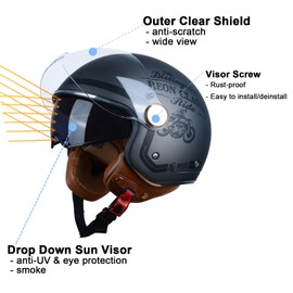 Open Face Motorcycle Helmet for Adults, DOT Approved,3/4 Retro Vespa Helmet, Dual Visors Men's and Women's Motorbike Casco for Moped Cruiser Bobber and Chopper(L,BCR Matte Metallic Light Grey )