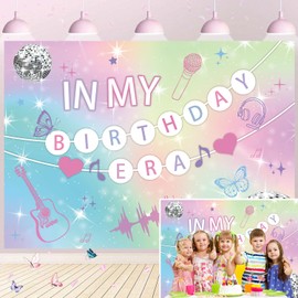 Music Birthday Era Backdrop Popular Singer Butterfly Disco Guitar Microphone Headset Photography Backdrop Music Superstar Birthday Indoor Outdoor Girls Party Decorations (7x5FT)