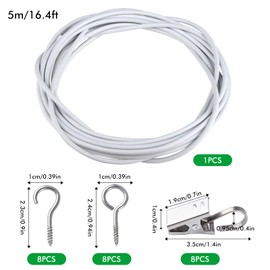 5 m Curtain Wire, White Plastic-Coated Curtain Rope, Curtain Rope with Screw Hooks, Screw Eyes and Clip Hooks, Curtains Rope System for Bedroom, Bathroom Curtains