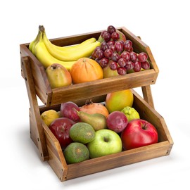 G.a HOMEFAVOR Fruit Basket: 2-Tier Acacia Wood Fruit Bowl for Kitchen, Fruit Stand Storage Holder for Vegetables and Snack Home Kitchen Countertop Organizer (Self-assembly)