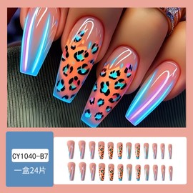 24Pcs Press on Nails with Designs Leopard Print Fake Nails Long Coffin Glue on Nails Glossy Full Cover Acrylic Nails French Tip Nails Press ons Reusable Artificial Nails for Women Manicure Decorations