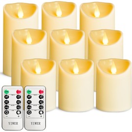 YIWER Plastic Flameless LED Candles,9PCS Battery Operated Candle with Remote Fake Electronic Flickering Light Large Pillar D3H4/5/6inch Durable Use