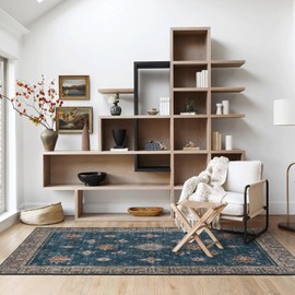 NICETOWN Thin Washable Vintage Area Rug - 3x5 Boho Non-Slip Entryway Rug Oriental Medallion Living Room Rug Entrance Mat Carpet for Kitchen Laundry Bathroom Bedroom, Blue