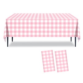CXSAZRY 2 Packs Pink Gingham Tablecloth Pink and White Checkered Tablecloths 54 x 108 Inches Disposable Plastic Gingham Tablecovers for Parties, Wedding, Outdoor Picnic, Birthday, Camping