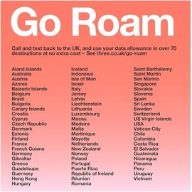 THREE pay as you go SIM Card UK - comes with 40 GB + Unltd Texts & Mins & ROAM FREE in over 70 destinations - - ROAMING ALLOWANCE 6GB