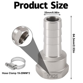 1 Inch Stainless Steel Hose Nozzle, Pack of 2 Stainless Steel Hose Fitting with Barb, 1 Inch x 25 mm Hose Nozzle Connector, Barb Hose Connector, for Garden Hoses, Buckets, Taps