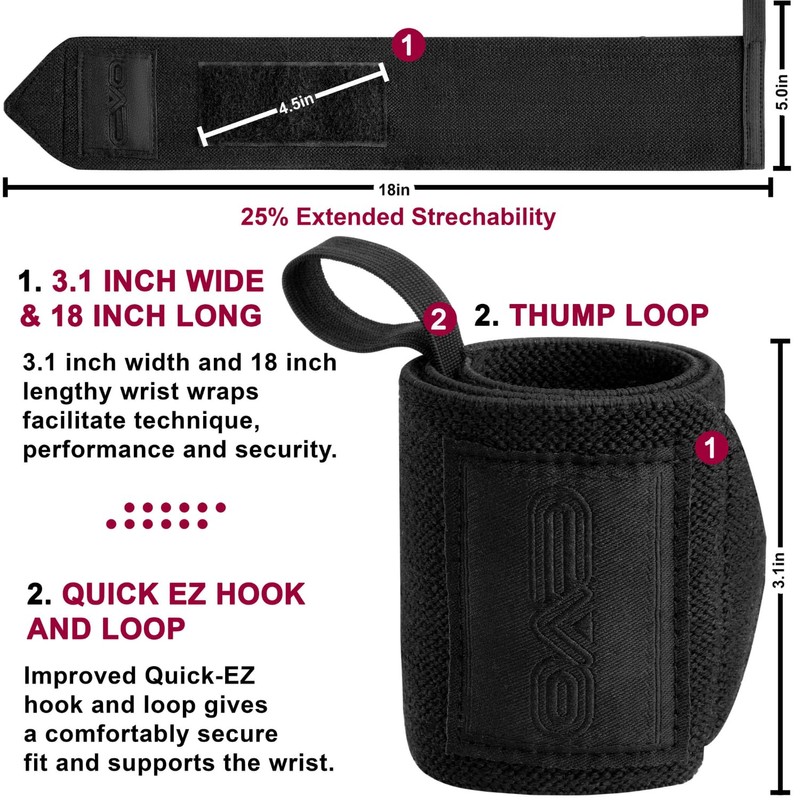 EVO Fitness Pair of 18” Deep Black Weight Lifting Wrist