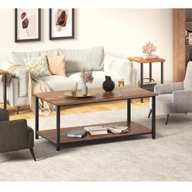 SENIG 2-Tier Coffee Table with Storage Shelf for Living Spaces, Brown Rectangle Wood and Sturdy Metal Side End Table, Functional Center Table for Living Room, 39.3 x 20 x 16