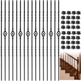 Vilstomes 16 Pack Wrought Iron Balusters, 44" Iron Balusters for Staircase, Satin Black Metal Stair Spindles Balusters for Staircase Interior W/Baluster Shoes (8 Double Twist +8 Single Basket)