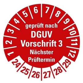 Pack of 100 – Multi-Year Test Badge "Tested DGUV Regulation 3 Next Test Date 24-29" Label Film Sticker, Red, Diameter 15-40 mm, Made in Germany, Size: Diameter 30 mm