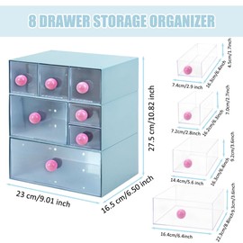 IBEQUEM Desk Storage Organizer with 8 Drawers, Plastic 3 Tier Stackable Desktop Craft Drawers Storage, Clear Storage Box Caddy for Makeup Jewelry School Office Supplies Home