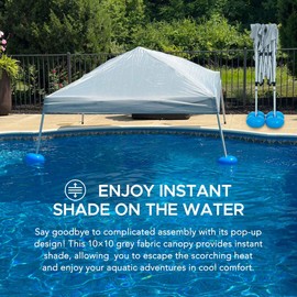 Sunjoy Floating Pool Canopy 10’× 10’ Pop Up Gazebo Grey Fabric Canopy, Steel and Aluminum Frame Floating Tent with PVC Floats, Hand Air Pump and Carry Bag