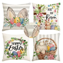 RABUSOFA Easter Pillow Covers 18x18 Inch Outdoor Indoor Waterproof Set of 4,Easter Decorations for Home Stripes He is Risen Bunny Floral Eggs Spring Holiday Decor Throw Case for Couch Gray
