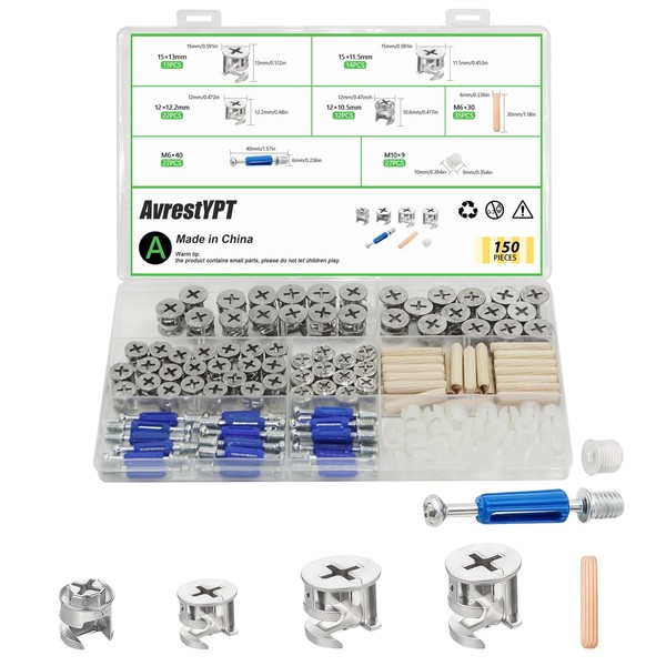AvrestYPT 150Pcs Furniture Cam Lock Kit, 3-in-1 Adjustable Eccentric Connectors