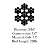 3/16 7x7 Galvanized Wire Rope Aircraft Cable 250' Reel