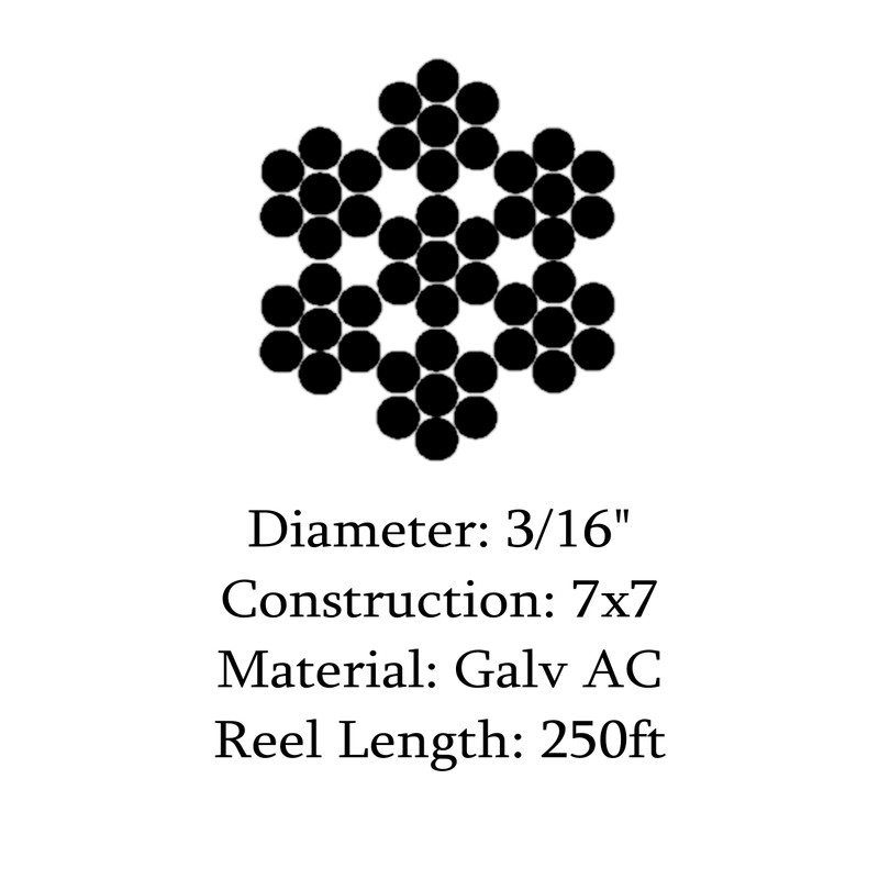3/16 7x7 Galvanized Wire Rope Aircraft Cable 250' Reel