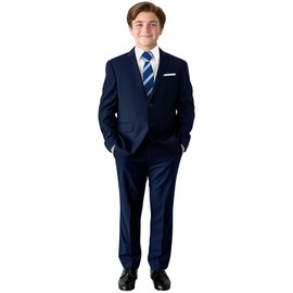 PACOROMANO Boy Navy Suit Husky 7 Pcs Suspenders Boys Formal Suit Set Ring Bearer Outfit Kids Suits