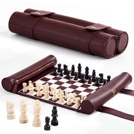ThreeMoves Roll Up Chess Set - 11" Foldable Leather Chess Mat with Wooden Chess Pieces - Portable Travel Chess Set with Straps - Perfect Chess Game for Airplane, Camping, and More (Wine)