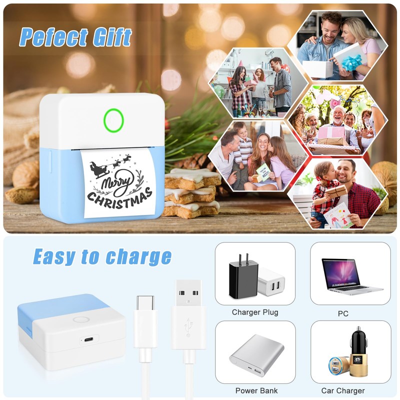 Zeacool Mini Sticker Bluetooth Printer with 11 Rolls Paper, Pocket-Sized