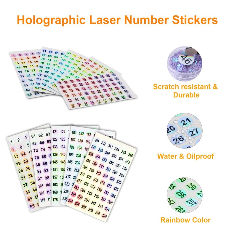 2 Sets Number Stickers (Number 1-300), Self Adhesive Holographic Label