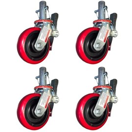4 pcs Scaffold Caster 5" 6" 8" Black/Red Wheels with Locking Brakes (6" Polyurethane 1-3/8" stem)