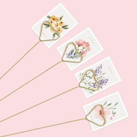 Gjinxi Floral Picks 20 pcs Metal Flower Card Place Holder Cardholder Picks Heart Loop Picture Holder Flower Picks Arrangements Cardholders Bouquet Holder Stick Heart Shape Clip Floral Supplies (Gold)