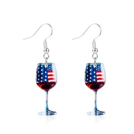 Pingyongchang Cute Funny American Flag Red Wine Acrylic Dangle Earrings 4th of July Red White Blue Heart Flower Lightning Bow Chicken Fireworks Glitter Patriotic Earring for Women-Wine