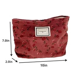 BIVIZKU Travel Checkered Makeup Bag, Corduroy Cosmetic Bag for Purse, Small Cosmetic Zipper Pouch Cute Travel Checkered Makeup Bag Gift for Women,Girls (red flower)