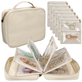 LingLingo Travel Jewelry Organizer Case,Jewelry Bags for Traveling, Jewelry Binder with 24 Pcs Clear Zipper Velvet Pouches for Storing Earrings, Rings, Necklace, Bracelet, Watch (Beige)