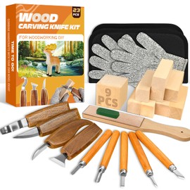 K KERNOWO Wood Carving Kit, 23pcs Wood Carving Tool with 4PCS Wood Carving Knives & 5PCS Detail Knives 9 Basswood Blocks & Gloves & Roll Bag & Strop Block & Polishing Compound Whittling Kit Hobbies for Adults