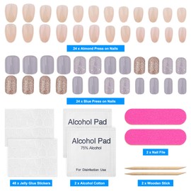 Almond Press on Nails Short Round Fake Chrome Gloss False Nails with Glitter Powder Gloss Designs 2 Colors Full Cover Acrylic Nail Kit Reusable Artificial Stick on Manicure for Women
