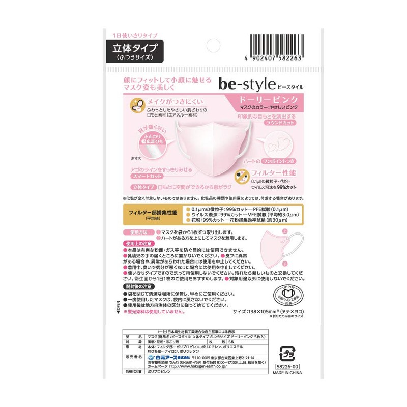 B-Style Mask, 3D Type, Regular Size, Dolly Pink, 5 Sheets