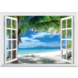 FLFK Fake Window Wall Mural - Beach Palm Trees Faux Window Wall Sticker for Wall Decor, Stick and Peel Wall Decals,80"x60",Set of 5 Sheets