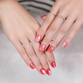 evpct Red Cat Eye Short Press on Nails Square, Short Square Glue on Nails for Women Gift, Truely Red Metallic Glitter Glossy Reusable Spring Summer Stick Gel Press on Acrylic Fake Nail with Designs