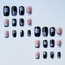 TBRZTR Christmas Short Square Snowflake False Nails With Rhinestones Design Full Cover Glue-On French Press Xmas Acrylic DIY Black White Stick-On Nails for Women 24Pcs