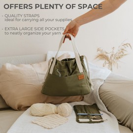 Stylish Crochet Bag Organizer Easily Organizes Your Yarn - Durable Canvas Bag w/ 8 Pockets Stores Plenty of Yarn Skeins & Crocheting Supplies/Accessories - Perfect Basket for Gifting to Knitting Fans