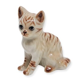 WitnyStore Tiny 1⅛" Light Brown Tabby Shorthair Cat Sitting Look Left Figurine - Miniature Hand Made Painted Ceramic Cats Kitten Feline Animal Cute Porcelain Decorative Collectible Figures Décor Gifts