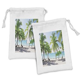 Ambesonne Beach Fabric Pouch Set of 2, Palm Leaves in Catalina Island Dominic Seashore Coastal Panoramic Picture, Small Drawstring Bag for Toiletries Masks and Favors, 9" x 6", Green Aqua Coconut