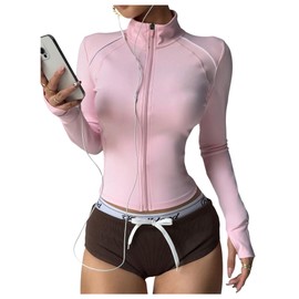 SOLY HUX Women's Zip Up Lightweight Athletic Running Yoga Crop Jackets Sportwear with Thumb Holes Light Pink Large