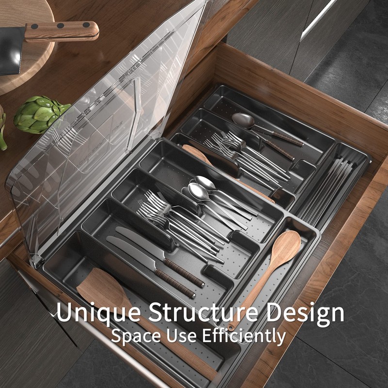 GoCozy Silverware Organizer with Lid, 9 Compartments Flatware Organizer, Plastic