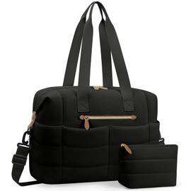 Travel Duffel Bag, Puffer Gym Bag for Women Lightweight Weekender Overnight Bags, Carry On Tote For Spirit Airlines Personal Item Bags with Toiletry Pouch（Black, M)