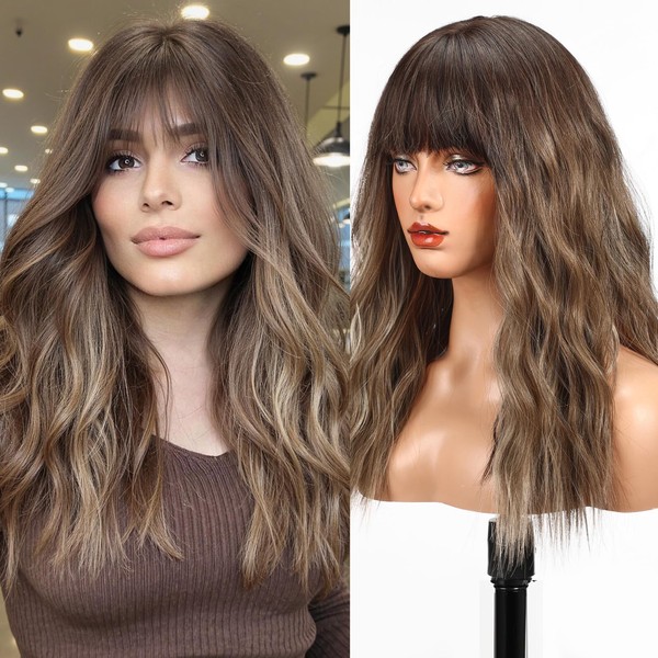 HAIRCUBE Long Wig with Bangs Synthetic Wavy Wigs for Women
