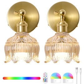 Vintage Battery Operated Wall Sconces - 5000mAh Rechargeable Dimmable Lights with Remote Control - Set of 2 Cognac Flower Glass Cordless Mounted Lighting - Wireless Powered Light Sconce for Bedroom