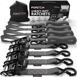 FORTEM Ratchet Tie Down Straps, 5208lb Break Strength, (4) 10FT Heavy Duty Straps, (4) Soft Loops, Rubber Coated Metal Handles, Plastic Coated Metal Hooks, Carrying Case (Grey)