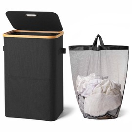 Coperat Laundry Basket with Lid,Collapsible Clothes Hampers for Laundry with Handles and Removable Inner Bag,Large Hamper with Internal Support for Laundry Room, Dorm and Bedroom,80L Black