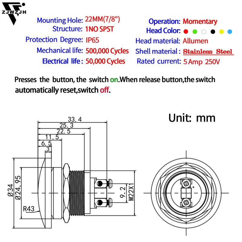 (5 Amp) Push Button Switch Red 22mm Momentary Mushroom Head